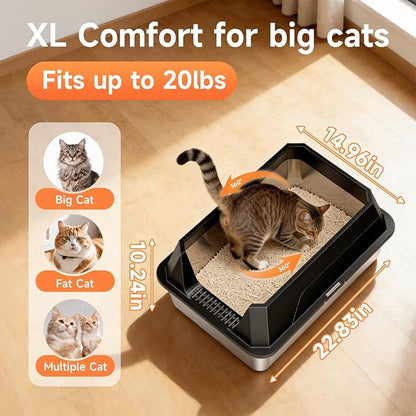 Stainless Steel Litter Box with High Sides Lid, XL High Sided Cat Litter Pan, Open Top Extra Large Metal Cat Litter Box, Non-Stick Leakproof, Litter Scoop Included, Black