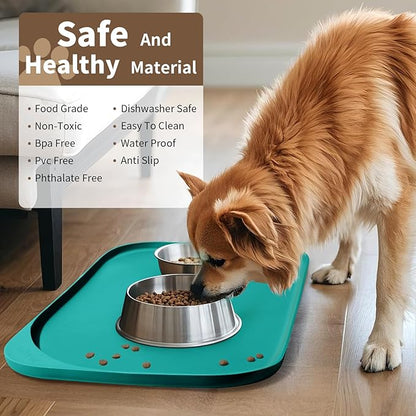 Silicone Pet Food Mat with Raised Edge for Food and Water Bowl, Dog Feeding Mats, Cat Food Trays for Floor Waterproof, Rubber Tray for Dogs and Cats, 19 x 12 x 0.7 Dark Turquoise