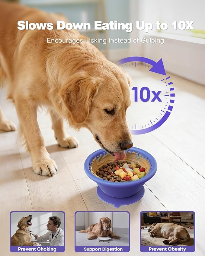 Slow Feeder Dog Bowl with Suction Cup & Reinforced Rim, 3-Cup Puzzle Maze Dog Lick Bowl for Anxiety Relief, Anti-Choking & Non-Slip, BPA-Free Silicone, for Small to Large Breeds (Purple)
