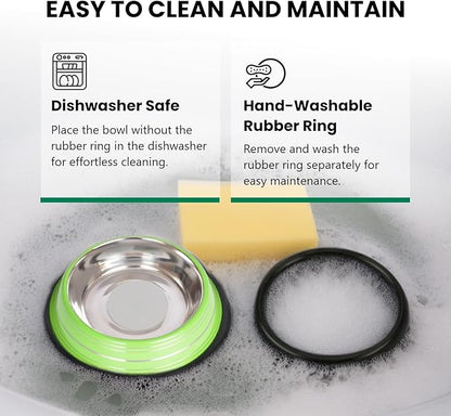 Iconic Pet Color Splash Stripe Non-Skid Stainless Steel Dog & Cat Bowl - Green, 8 Oz, 1 Cup, Durable, Easy to Clean, Anti-Slip Feeding Dish for Food & Water, Stylish Design for Dogs and Cats