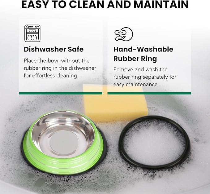 Iconic Pet Color Splash Stripe Non-Skid Stainless Steel Dog & Cat Bowl - Green, 24 Oz, 3 Cup, Durable, Easy to Clean, Anti-Slip Feeding Dish for Food & Water, Stylish Design for Dogs and Cats