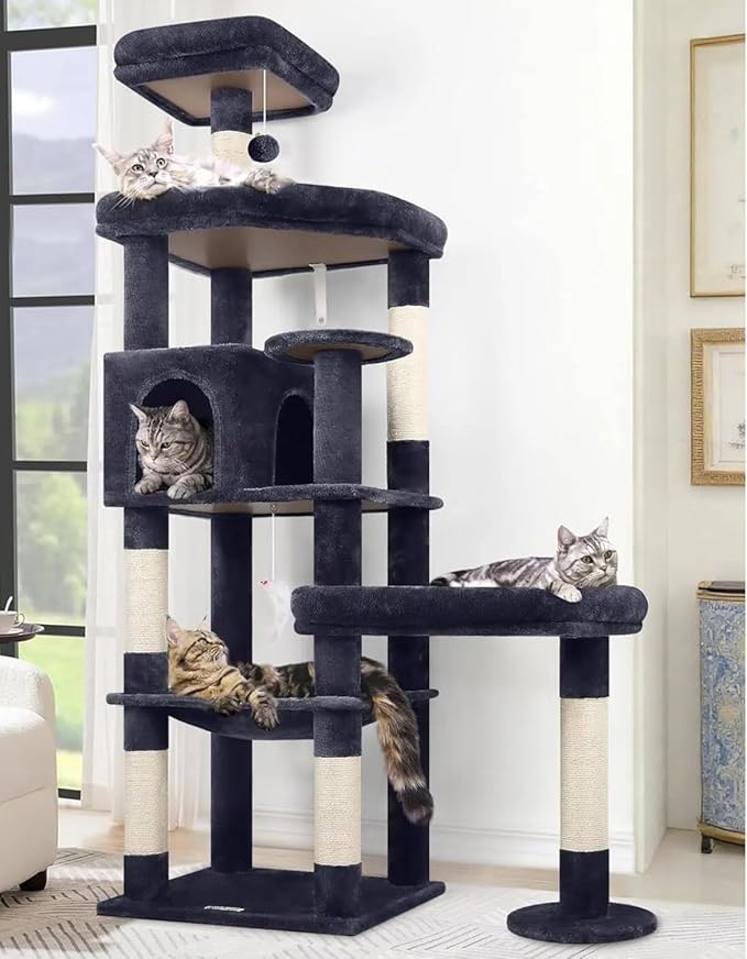 Globlazer Extra Large Platform Cat Tree, 65in Sturdy Cat Scratching Tree for Indoor Cats Large Adult, Big Cat Perch Tower with 3 Padded Perches, 6 Scratching Posts, Cat Condo, Hammock, S65, Dark Grey