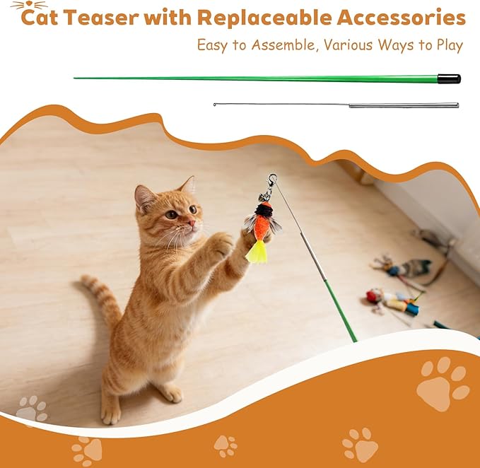 Long 30in - Cat Wand Toy - with Spring Top - Include Cat Wand and 6PCS Feather Insects Refills