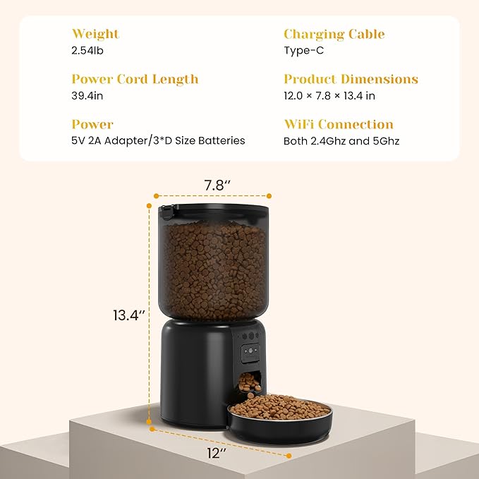 Fansafurn Automatic Cat Feeder with 2K HD Camera, Automatic Dog Feeder with App Control via 2.4G/5G WiFi, Dual Power System & Voice Recording, 4L Food Dispenser for Cats and Small Dogs, Black