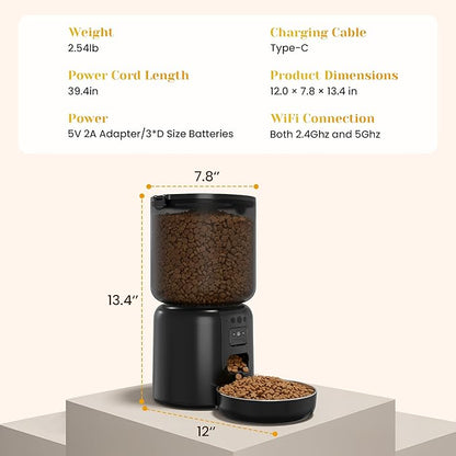 Fansafurn Automatic Cat Feeder with 2K HD Camera, Automatic Dog Feeder with App Control via 2.4G/5G WiFi, Dual Power System & Voice Recording, 4L Food Dispenser for Cats and Small Dogs, Black
