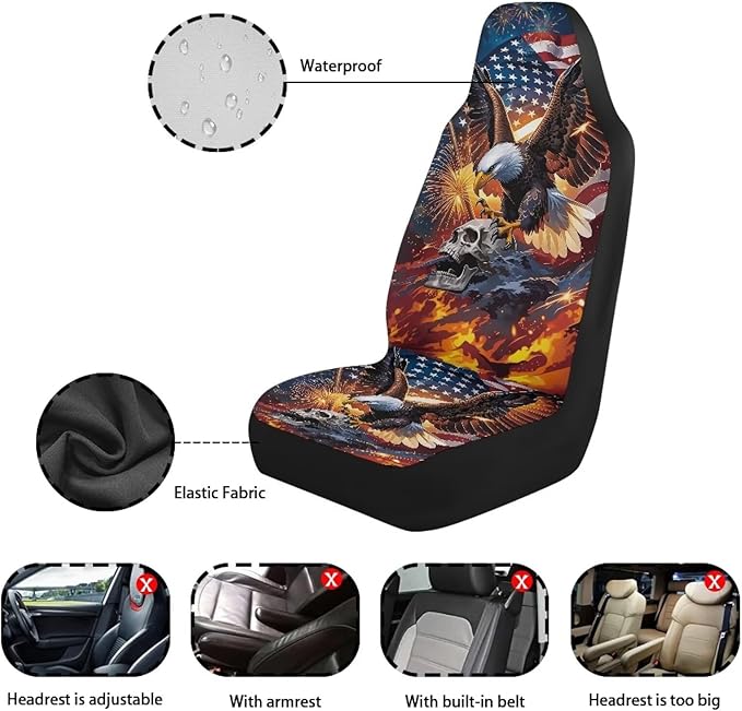 Car Seat Covers Set of 2 Waterproof Universal Skull Eagle Anniversary Front Car Seats Easy to Install Removable Automotive Accessories Suitable Fits Most Car Auto SUV Sedan Truck