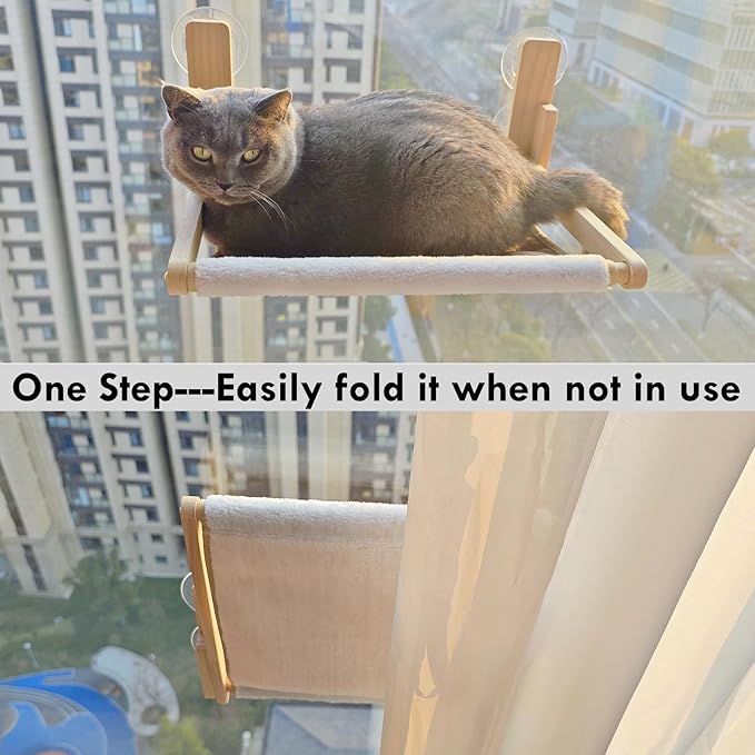 Foldable Cat Window Perch, Natural Wood, 16.5''×12'' Hammock, 35 lbs Weight Limit, Cat Window Hammock for Small Size Windows