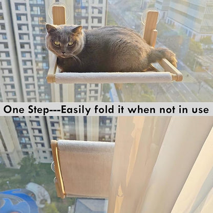Foldable Cat Window Perch, Natural Wood, 16.5''×12'' Hammock, 35 lbs Weight Limit, Cat Window Hammock for Small Size Windows