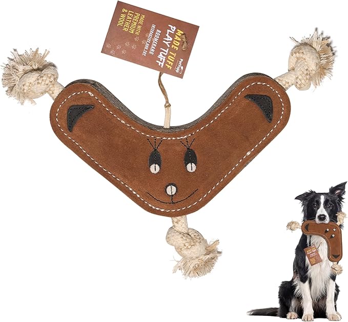 Boomerang Leather Chew Toy for Dogs - Extra Thick Wool, Stitched & Real Leather Dog Toy for Small, Medium & Large Dogs - Durable & Safe Chew Toys for Puppies