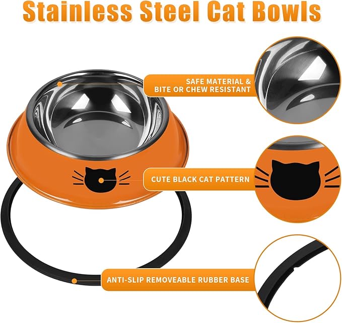 Serentive 2 Pcs Non-Slip Stainless Steel Small Cat Food Bowls - Unbreakable, Thicken 7 Oz Cat Dishes - Indoor, Removable Rubber Base, Easily Clean, Lovely Color