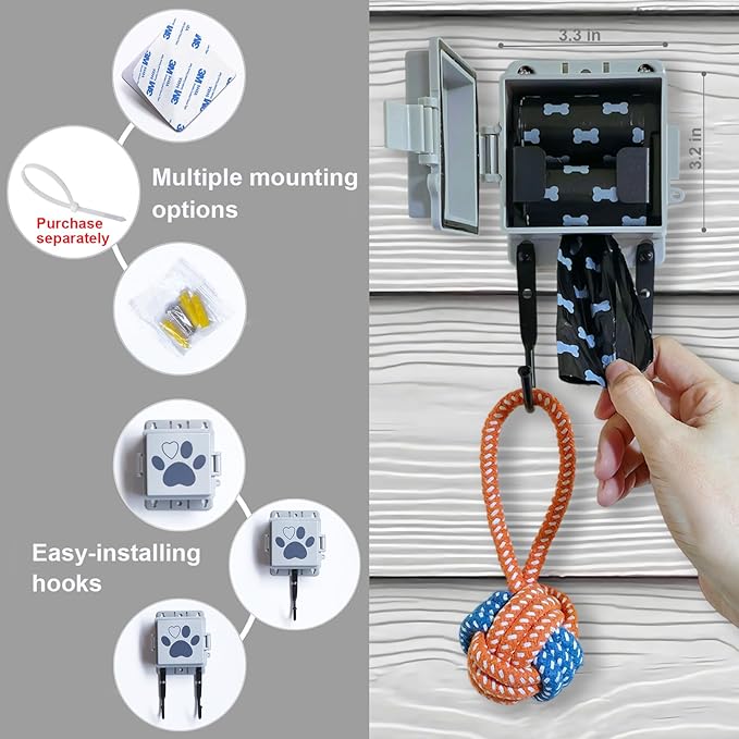 Dog Poop Bag Holder Wall Mount Pet Waste Bags Dispenser With Hooks And 2 Rolls, 2 Pcs Set, 2 Mini Waterproof Doggy Bag Containers For Yard, Backyard Cleanup (2 mini dispensers)