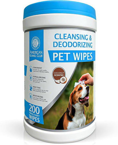 AKC - Pet Wipes for Dogs & Cats | Hypoallergenic Grooming Wipes | Chemical-Free Cleaning for Paws, Face, Ears & Coat | Gentle Moist Wipes for Daily Pet Hygiene & Quick Freshening | 200 Count