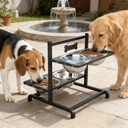 Elevated Dog Bowl Stand with 4 Stainless Steel Bowls (1700ml/58oz) – 9 Height Adjustable Raised Pet Feeder from 4.9" to 14.5" for Large Dogs & Multi-Pet Homes, with Bone Name Tag