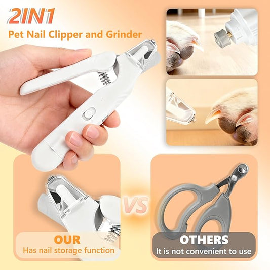 2-in-1 Pet Nail Clipper & Grinder with Dual LED Lights, USB Rechargeable, Electric Multi-Function Grinding, Quiet Operation with Splash Guard, Suitable for Small/Medium/Larg