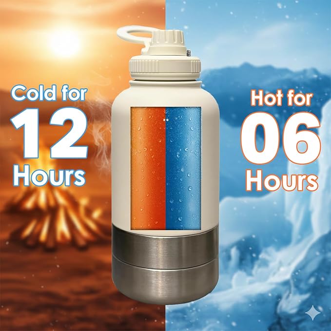 Love Wag & Play Dog Water Bottle with Food Bowls, Portable Stainless Steel Bottle for Dogs, Leakproof Travel Design with Detachable Bowls for Walks, Hikes and Outdoor Adventures (32 oz)