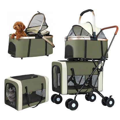 Double Pet Stroller for Dogs and Cats, One-Step Folding Dog Stroller Travel Carriage for Small Medium Dogs Cats, 2 Detachable Carrier Bags, 4 Lockable Wheels (Army Green)