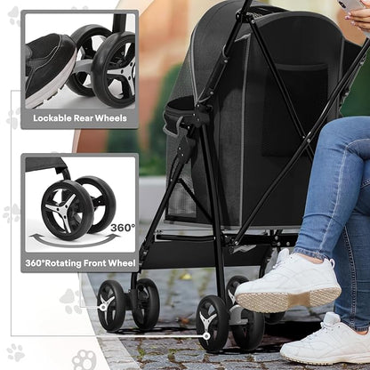 Pet Stroller for Small Dogs & Cats, 10-22lbs, Rear Storage, Black