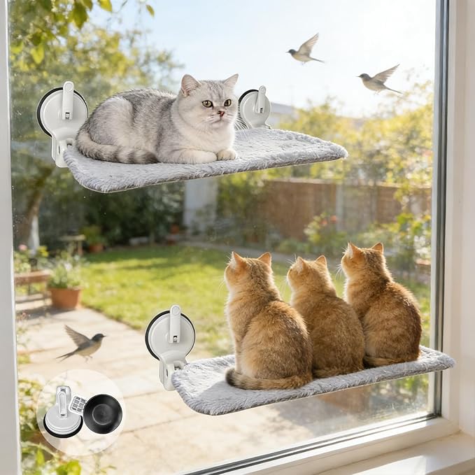 L&W BROS. 2PC Cat Window Perch with Lever Lock Suction Cups Holds up to 50 lbs Foldable & Space Saving Design Heavy Duty Window Hammock for Large or Multiple Cats (L 2Pc)