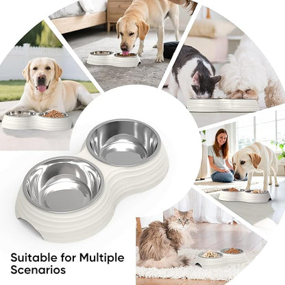 Stainless Steel Dog Bowls Set, Double Food & Water Bowls for Dogs, Dual Dog Food Bowl with 2 Medium (14oz*2) Bowl, Non-Slip Pet Bowls Suitable for Puppies, Cats and Medium Breed Dogs (White)