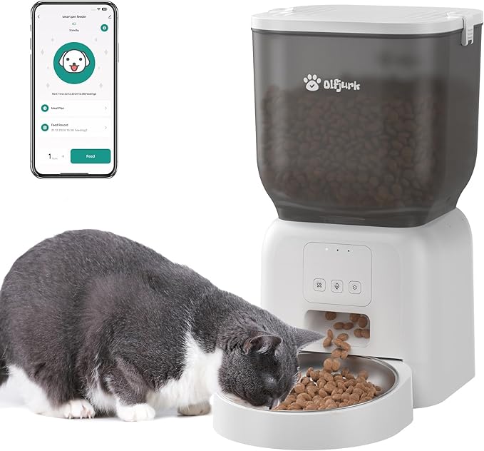 Remote Controlled Automatic Dog & Cat Feeder, APP Controlled,with Freshness Preservation, Timed Cat Feeder with Stainless Steel Bowl. 4L Capacity Up to 6 Meals Per Day and 1-15 Portion for Pets（White）