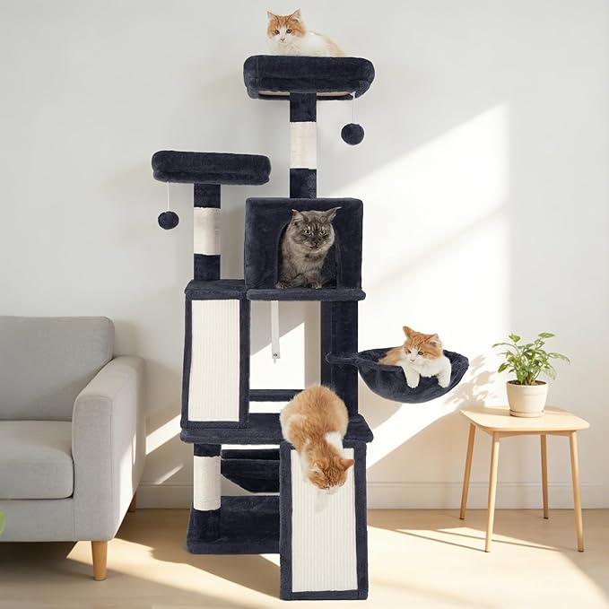 Multi-Level Cat Tree for Indoor Cats, Cat Tower with 2 Scratching Boards, 2 Plush Padding Platforms, Cat Condo House with Hammock, Basket, Smoky Gray GCT022G