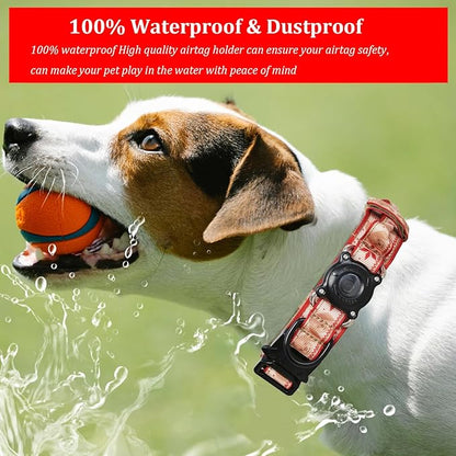 Christmas Tactical Dog Collar with Airtag Holder Waterproof Dog Airtag Collar with Control Handle Adjustable Heavy Duty Dog Collars(Christmas Red，M