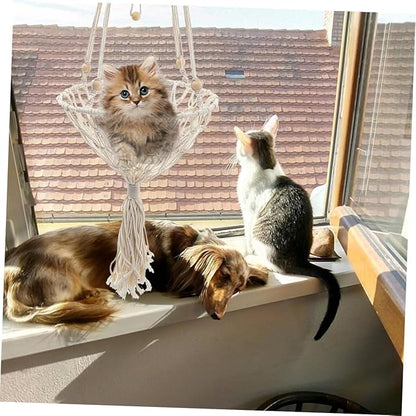 GANAZONO Decorative Bohemian Woven Hanging Cat Hammock 40cm Wear-Resistant Cat Bed Nest for Indoor Pets and Kittens to 30 Lbs