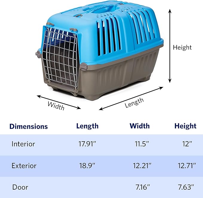 MidWest Homes for Pets Spree Travel Carrier – Hard-Sided Dog & Cat Carrier, Small Pet Travel Crate with Handle, Ventilated Design, Easy Assembly, 19-Inch, Blue