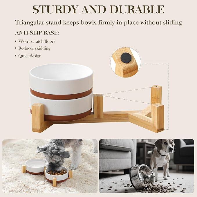 MALACASA Ceramic Dog Bowls Small Size Dog with Wood Stand, 1.5-Cup Ceramic Puppy Bowls for Cats & Small Dogs, Dual Food and Water Bowls with Weighted Non-Slip Base, Glaze Matte,14 Oz