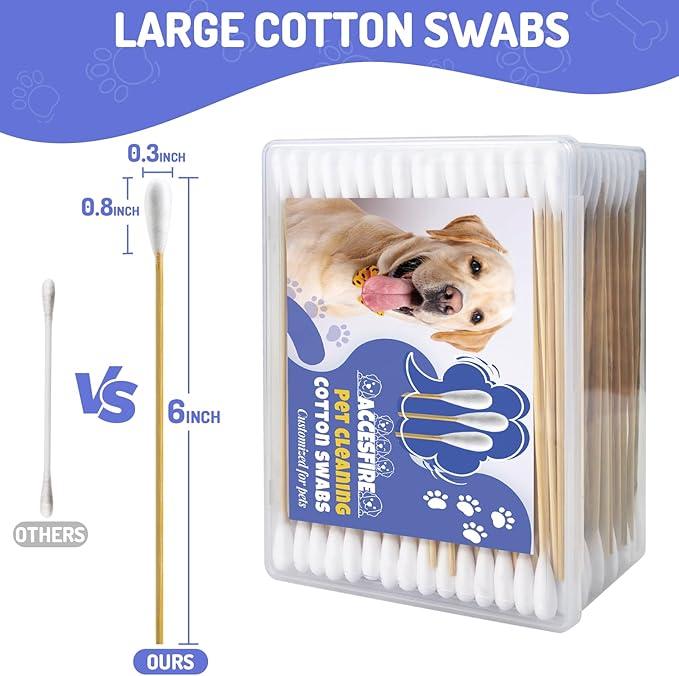 300PCS Large Cotton Swabs in Storage Box, 6 Inch Dog Ear Swabs with Bamboo Handle for Dogs - Soft Cotton, Gentle and Lint-Free, Specially Designed for Dogs, (Large)