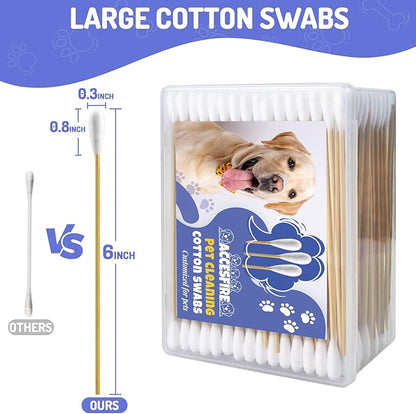 300PCS Large Cotton Swabs in Storage Box, 6 Inch Dog Ear Swabs with Bamboo Handle for Dogs - Soft Cotton, Gentle and Lint-Free, Specially Designed for Dogs, (Large)