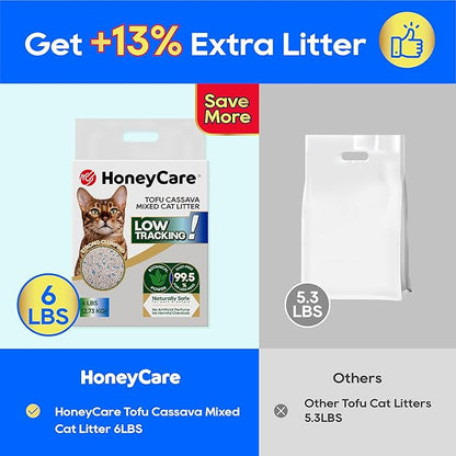 HoneyCare Cassava Tofu Mixed Cat Litter I Quick Clumping, Odor Control, Plant-Based Natural Ingredients, Non-Stick, Low Tracking, & Low Dust, 6 Lbs