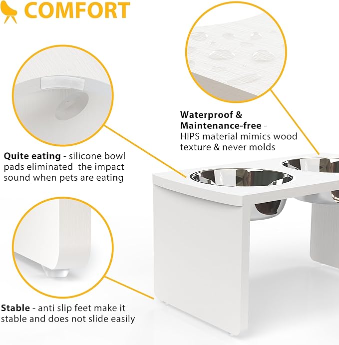 Elevated Dog Bowls, Waterproof Raised Dog Bowl for Medium & Large Dogs, HIPS Poly Lumber Stand with 2 Stainless Steel Bowls, Indoor & Outdoor Use (10'' Tall–48 oz Bowl, White)