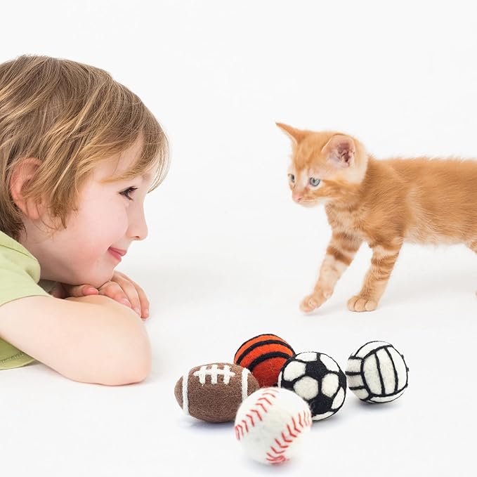 Glaciart One Sports Wool Balls for Cats – 5 Pcs with Catnip Pouch - Soft Fuzzy Enrichment 100% Natural Felt Cat Toy - Interactive Play Cat Toy Set - Safe for Pets, Non-AZO Colored Dyes – 1.6”