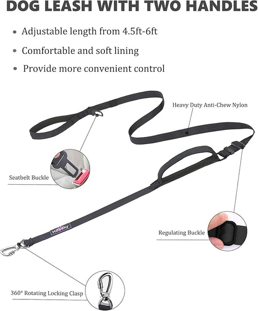 Hotsky Heavy Duty Dog Leash with Two Padded Handles,4.5-6 FT Adjustable Nylon Seatbelt Dog Leash with Traffic Handle and Carabiner for Large Medium and Small Breed Dogs that Pull,Black