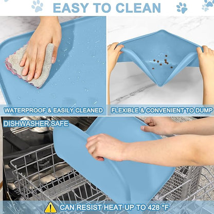 Silicone Pet Food Mat with Raised Edge for Food and Water Bowl, Dog Feeding Mats, Cat Food Trays for Floor Waterproof, Rubber Tray for Dogs and Cats, 22 x 14 x 0.8 Light Blue