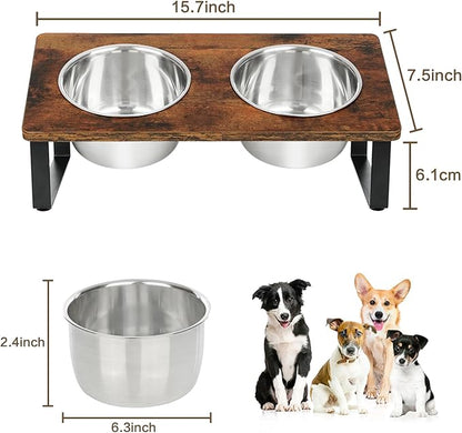 Elevated Dog Bowls for Small Medium Wood Dogs Raised Bowl Stand with 2 Stainless Steel Deep Dog Food and Water Bowls, Anti Vomit, Non-Slip Feeding Dishes(Tilted，3 inches in Height, 40oz