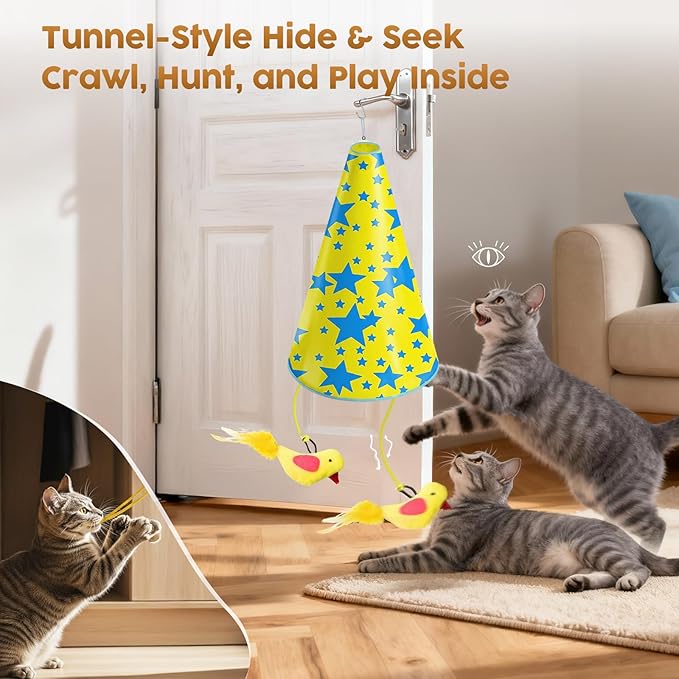 Interactive Cat Toy for Indoor Cats: 2 in1 Automatic Hide and Seek Moving Concealed Flying Bird Wand Feather with Chirping Bird Squeaky, Hanging Rechargeable Exercise Cat Toy for Kittens and Adult Cat