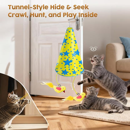 Interactive Cat Toy for Indoor Cats: 2 in1 Automatic Hide and Seek Moving Concealed Flying Bird Wand Feather with Chirping Bird Squeaky, Hanging Rechargeable Exercise Cat Toy for Kittens and Adult Cat