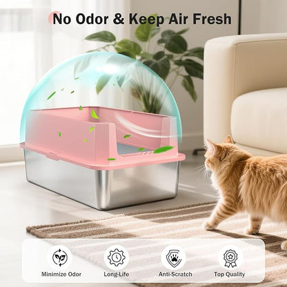 Stainless Steel Litter Box, Extra Large Litter Boxes for Big Cats, XLarge Metal Cat Litter Box with Lid, Anti-Urine Leakage XL Box with High Sides, Easy Clean, Non-Sticky, Scoop Included (Pink, XL)