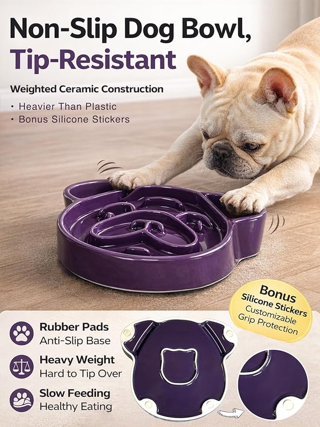 Art Ceramic Slow Feeder Pug Shape, 1.5 Cups Dog Bowl for Small & Medium Breed. Bite-Resistant, Dishwasher Safe, Maze Design to Prevent Fast Eating, Bloat, Choking. Gift for Pet Lovers, Purple