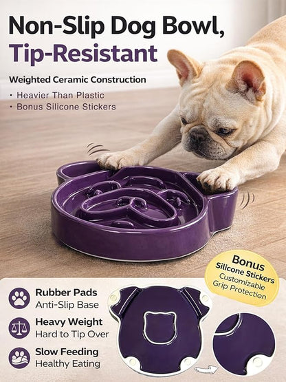 Art Ceramic Slow Feeder Pug Shape, 1.5 Cups Dog Bowl for Small & Medium Breed. Bite-Resistant, Dishwasher Safe, Maze Design to Prevent Fast Eating, Bloat, Choking. Gift for Pet Lovers, Purple