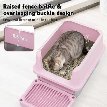 RIZZARI Cat Litter Box: Pink Stainless Steel Odor Control Pan - Easy Clean Non-Porous - 11.6" High Sides Anti-Scatter - Open Top for Fast Scooping - with Scoop - Apartment Bathroom/Laundry Room