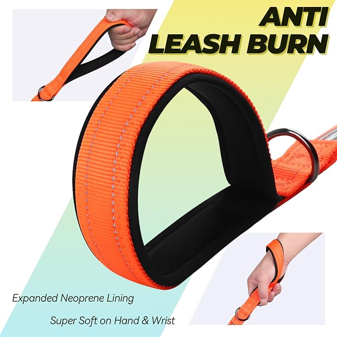 VIVAGLORY Dog Leash Twingrip Double Handle Dog Leash with Traffic Handle Control & 2 Loop for Walking & Training, Reflective Heavy Duty for Puppy Pet Collar, 5ft x 1in, Orange
