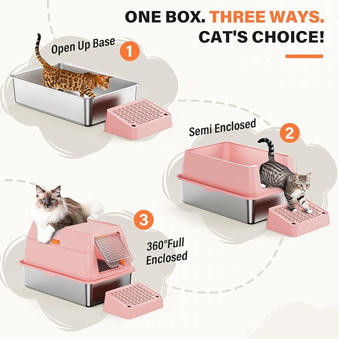Removable Stainless Steel Cat Litter Box with lid, Front & Top Entry Kitty LitterBox，Cat Litter Box Enclosure, XL Extra Large High-Sided Metal Cat Box with Scoop, Mat, Footboard (Pink)