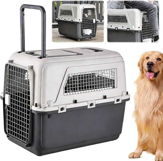 33 Inch Airline Approved Large Travel Dog Crate, Hard-Sided Pet Travel Kennel with Four Removable Wheels, Handles, Food and Water Bowls, for Car SUV Truck (33.1" L x 21.6" W x 25.2" H)