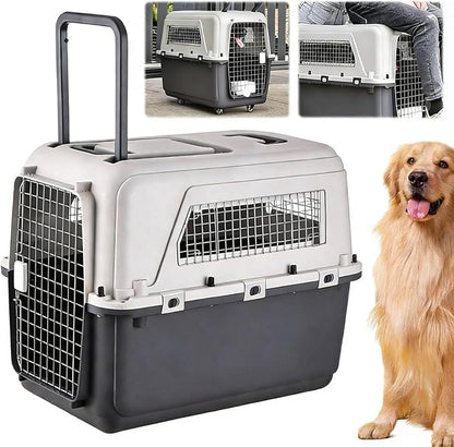 33 Inch Airline Approved Large Travel Dog Crate, Hard-Sided Pet Travel Kennel with Four Removable Wheels, Handles, Food and Water Bowls, for Car SUV Truck (33.1" L x 21.6" W x 25.2" H)