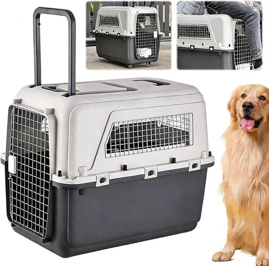 33 Inch Airline Approved Large Travel Dog Crate, Hard-Sided Pet Travel Kennel with Four Removable Wheels, Handles, Food and Water Bowls, for Car SUV Truck (33.1" L x 21.6" W x 25.2" H)