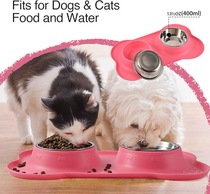 Dog Bowls 2 Stainless Steel Bowl for Pet Water and Food Feeder with Non Spill Skid Resistant Silicone Mat for Pets Puppy Small Medium Cats Dogs