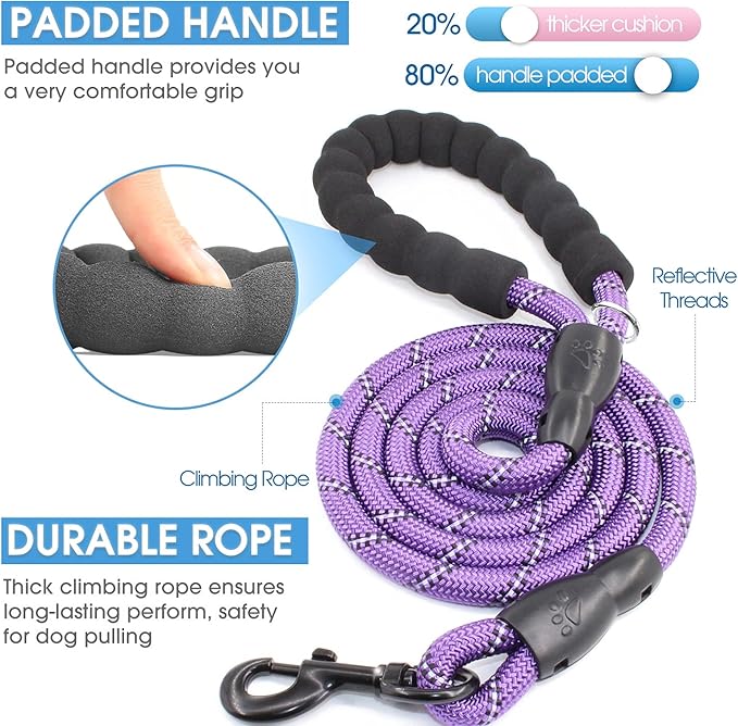BAAPET 2/4/5/6 FT Dog Leash with Comfortable Padded Handle and Highly Reflective Threads for Small Medium and Large Dogs (6FT-1/2'', Purple)